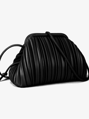 Black Ruched Dumpling Clutch with Long Detachable Body Strap Purse